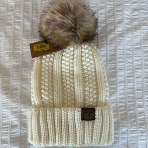 CC Boutique Ivory Knit Hat with Faux Fur Pom